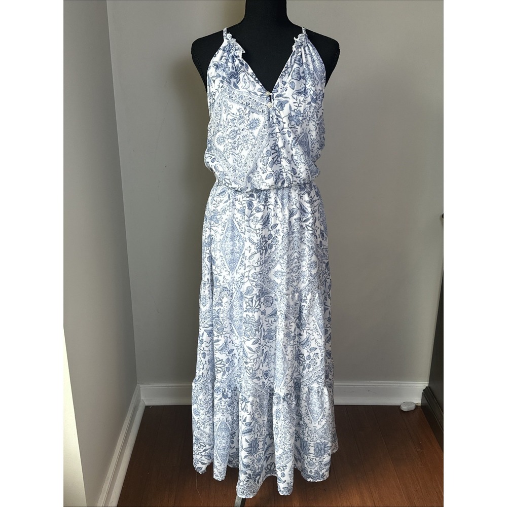 Wallflower Maxi Dress Women L Blue W9U13650T Floral Tiered Boho Halter Chiffon